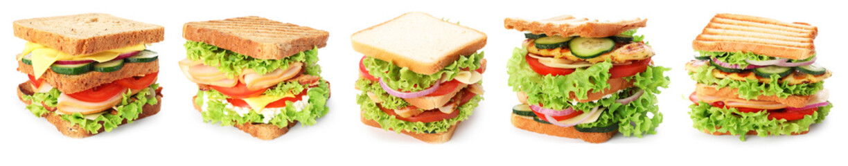 Many tasty sandwiches isolated on white, set