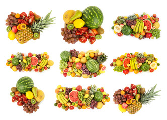 Different fresh fruits isolated on white, set
