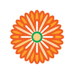 Flat design orange floral icon on black background with green center detail