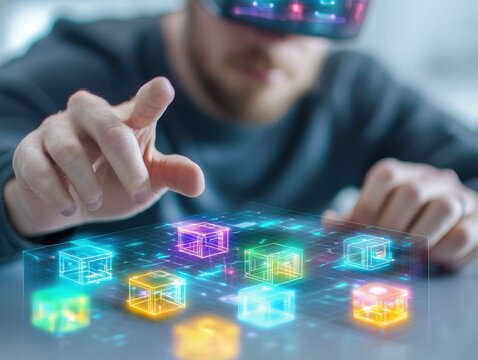 A person wearing a VR headset interacts with glowing holographic cubes, showcasing an advanced virtual reality experience.