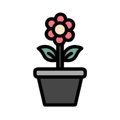 Simple graphic of a potted flower with coral petals on black background