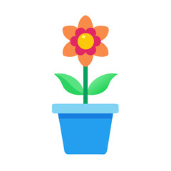 Simple flat illustration of orange flower in a blue pot against black background