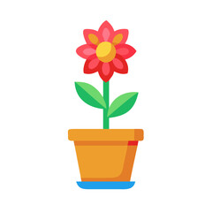 Stylized red flower with yellow center in an orange pot on black background