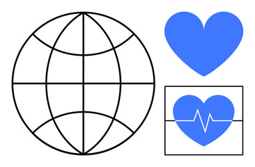 Globe with grid lines, blue heart, and heart with heartbeat line. Ideal for healthcare, global awareness, connection, medical innovation, worldwide health, charity simple landing page