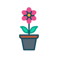 Pink flower with green leaves in a gray pot on black background