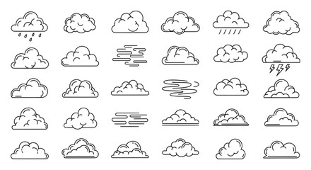 Dynamic weather icons collection for design projects, representing sun, rain, and storms
