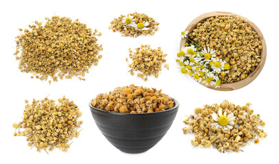 Dried chamomile flowers isolated on white, set