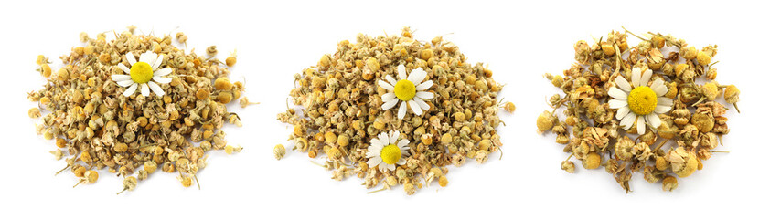 Dried chamomile flowers isolated on white, set