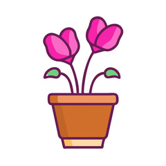 Stylized illustration of a potted cyclamen plant with pink flowers and green leaves
