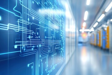 Engineer structural automation Concept. Digital circuitry design against a blurred corridor backdrop suggests technology and innovation.