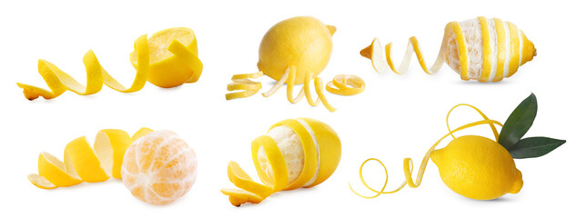 Fresh lemons with peels isolated on white, set. Citrus fruit