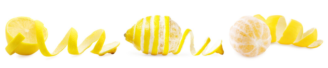 Fresh lemons with peels isolated on white, set. Citrus fruit