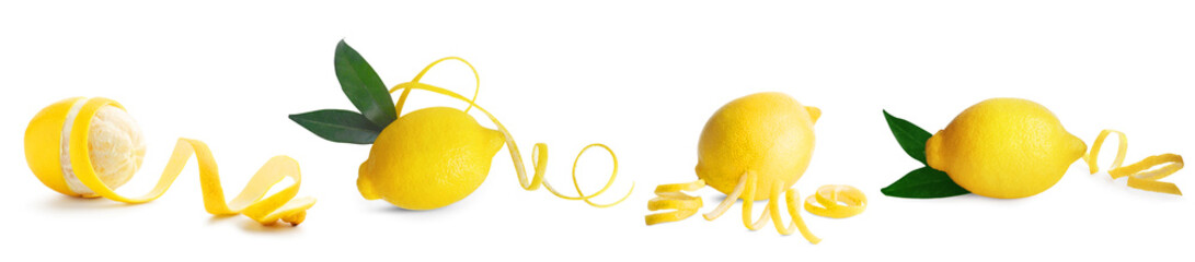 Fresh lemons with peels isolated on white, set. Citrus fruit