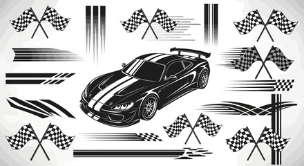 Dynamic racing car design elements with checkered flags, perfect for automotive projects