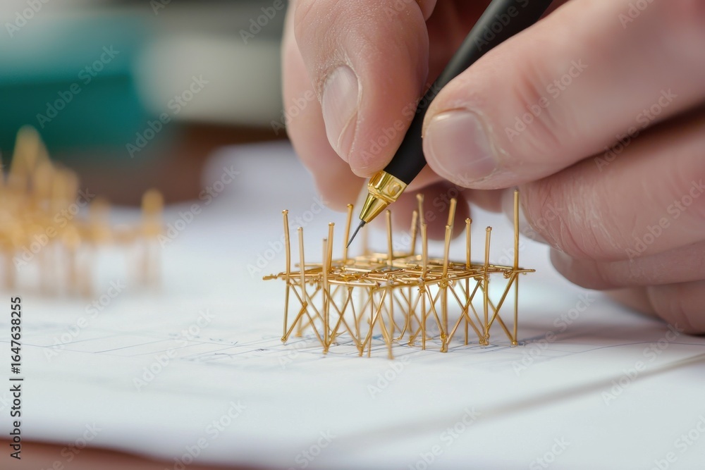 Poster engineer structural automation concept. a hand creates a detailed architectural model with pins and 