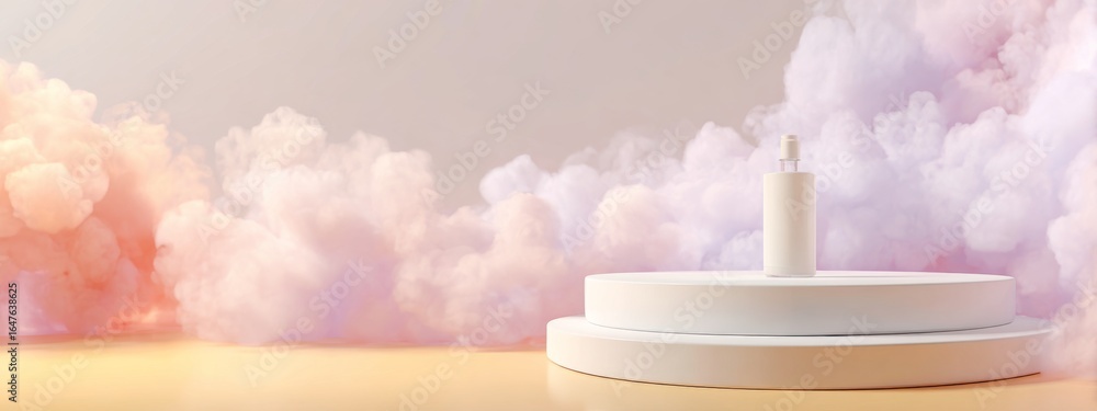 Poster minimalist clean podium displaying a floating bottle surrounded by soft pastel clouds in an elegant 