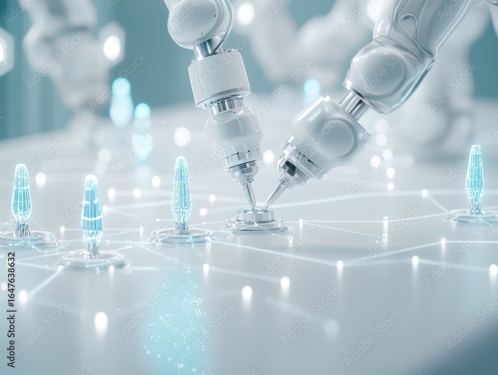 Poster engineer structural automation concept. robotic hands interacting with a digital circuit board, symb