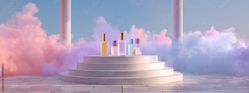 Poster soft pastel podium displaying floating bottles amidst dreamy clouds in clean aesthetic setting