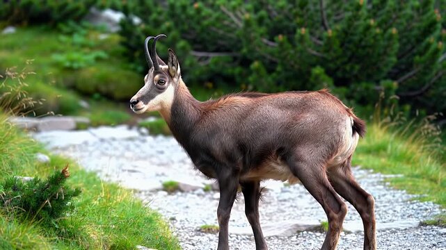 Wild Chamois Standing on a Rocky Mountain Path Amidst Lush Green Alpine Vegetation, a Symbol of High-Altitude Wildlife in its Natural Habitat