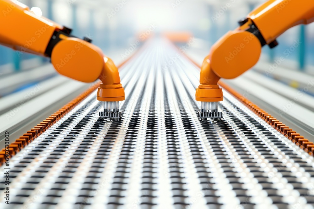Poster engineer structural automation concept. robotic arms assembling items on a conveyor belt in a factor