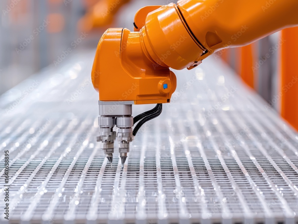 Poster engineer structural automation concept. industrial robotic arm working on a grid surface in a modern