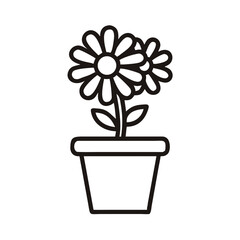 Minimalist line art of daisies in a pot on a black background.