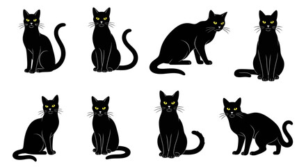 Elegant black cat silhouettes in various poses perfect for design projects and branding