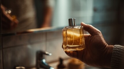 Man Holding Aftershave Bottle Reflecting in Bathroom Mirror, Soft Lighting and Relaxing Atmosphere