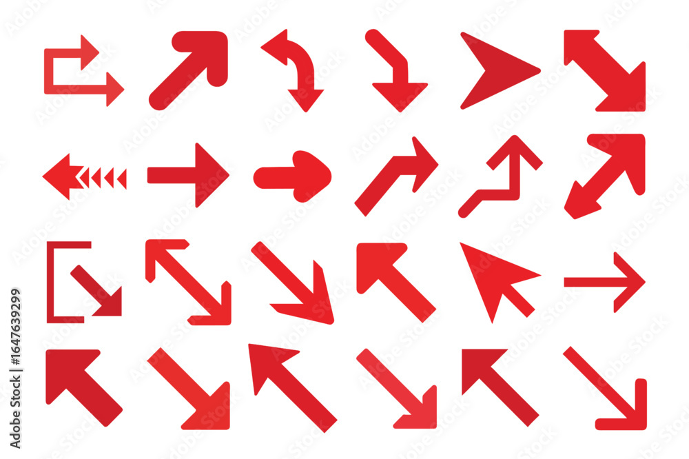 Poster Collection of various red arrows pointing in different directions and styles isolated on a white background representing direction, movement, and navigation