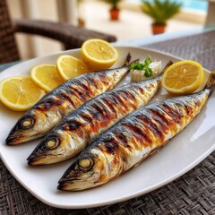 Whole sun-dried mackerel grilled to perfection, golden brown skin, served with fresh lemon wedges for a zesty, traditional flavor.