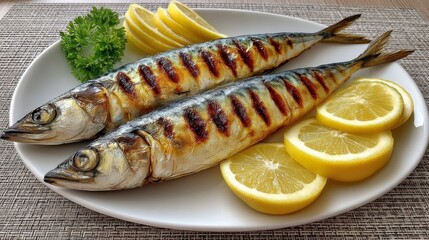 Golden grilled sun-dried mackerel placed on a rustic plate, complemented by fresh lemon slices.