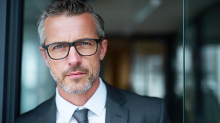 Fototapeta premium confident handsome mature businessman professional financial advisor executive leader manager male lawyer or man entrepreneur in glasses standing in office posing for headshot business portrait no lo