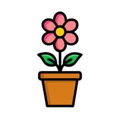 A simple illustration of a pink flower in a brown pot on black background