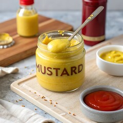 Glass jar of yellow mustard with spoon and ketchup