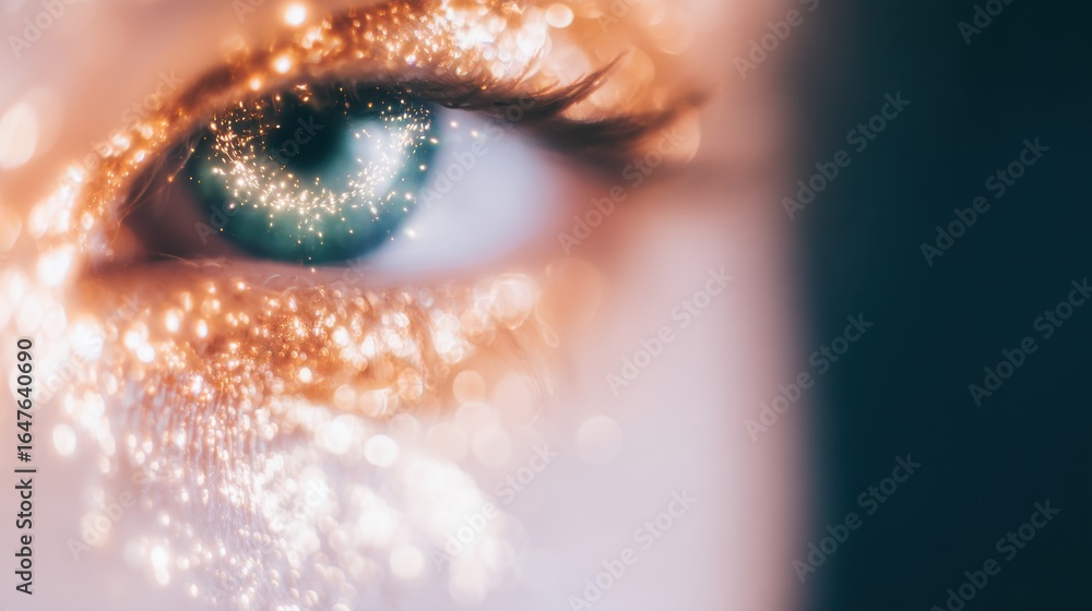 Poster close-up view of a sparkling eye with shimmering effects and depth