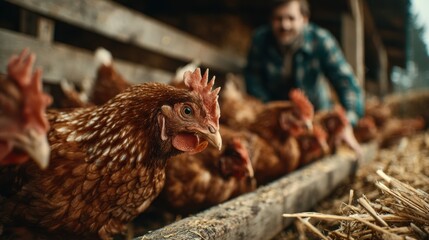 Chickens feeding on a farm with a farmer tending to them during the day in a rustic environment