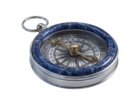 Antique pocket compass with ornate lapis lazuli and silver casing isolated on transparent background