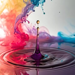 Purple ink drop creates splash in colorful liquid splash