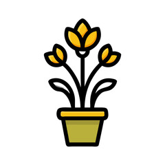 Simple flat illustration of plant with yellow leaves in pot against black background