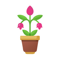 Stylized vector illustration of pink flower in brown pot with green leaves