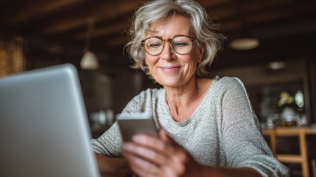 happy senior woman using mobile phone while working at home with laptop smiling cool old woman wearing eyeglasses messaging with smartphone beautiful stylish elderly lady browsing site on cellphone n