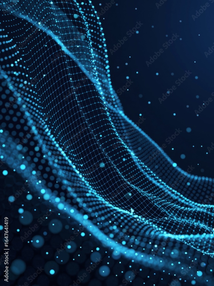 Poster abstract network waves in blue light with sparkling particles