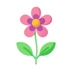 Vibrant flat design flower with pink petals and green stem isolated on black