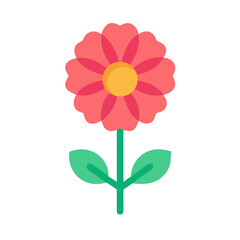A simple, flat-style floral illustration with pink flower, green leaves, and yellow center