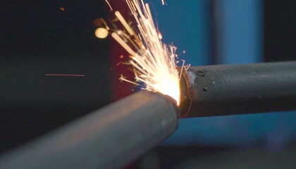 A close-up shot of a metal pipe being cut with sparks flying during a welding process.