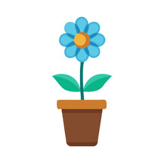 Cartoon blue flower with orange center in a pot on a black background