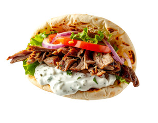 Greek gyro pita wrap with grilled meat, lettuce, tomato, red onion, and creamy tzatziki sauce on isolated background