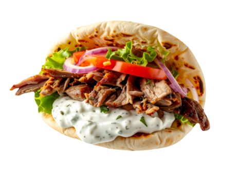 Greek gyro pita wrap with grilled meat, lettuce, tomato, red onion, and creamy tzatziki sauce on isolated background