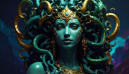 Serpentine Goddess Medusa Teal Gold Digital Art