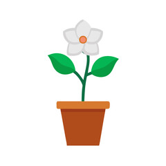 Stylized white flower with green leaves in a brown pot on black background